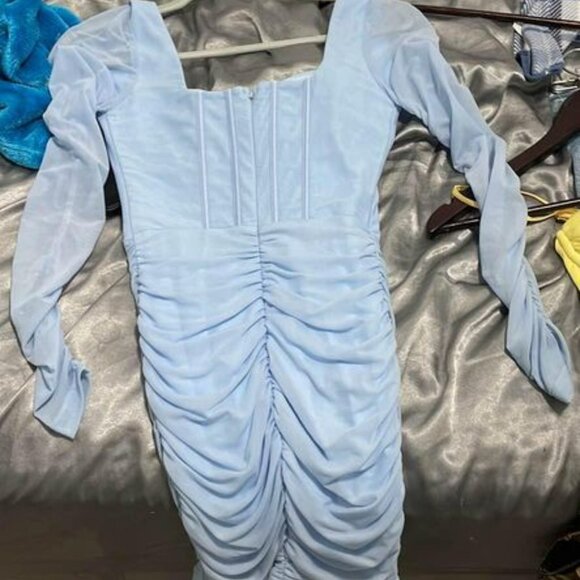 Ruched Blue Dress with Mesh Long Sleeves - Picture 4 of 4